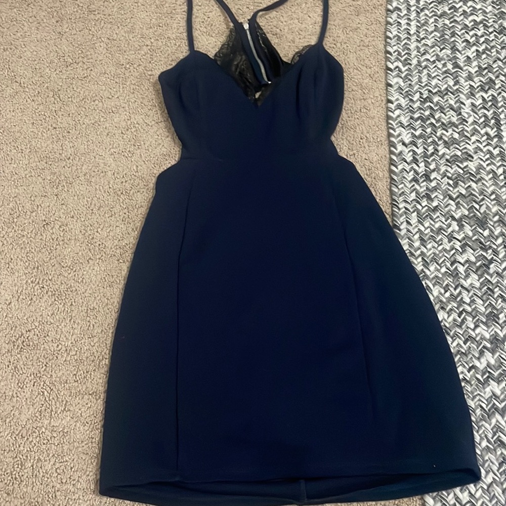 Lush Dress Womens M Medium Tank V Neck Cut Out Lace Mini Open Back Ladies  navy.